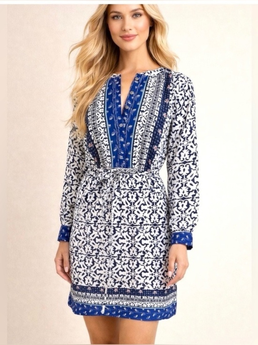 LOFT Blue & White Long-Sleeve Tie-Waist Shift Mosaic Printed Dress Size XXSP